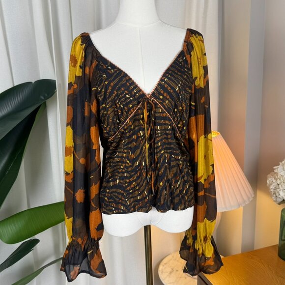 Anthropologie CONDITIONS APPLY Boho Statement Sleeves Smocked Blouse Large - Picture 9 of 9